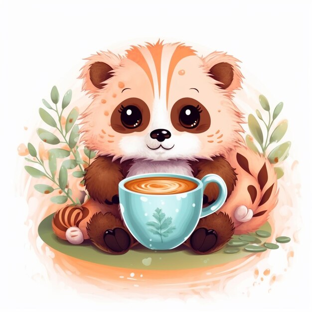 cartoon panda beer zittend op de grond met een kopje koffie generatieve ai