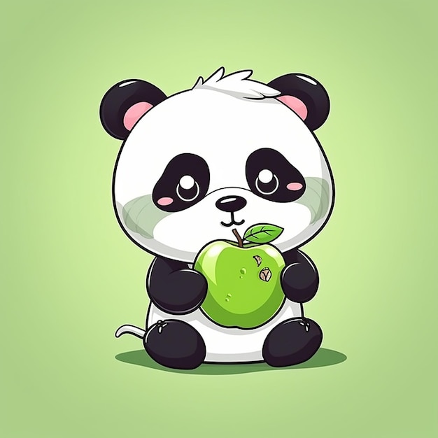A cartoon of a panda holding an apple with a green background