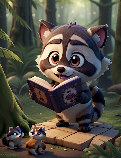 Мультяшная панда читает книгу в джунглях