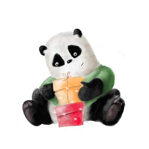 cartoon panda with birthday gift, watercolor illustration, holiday clipart