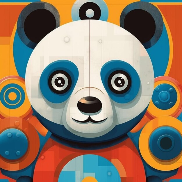 A cartoon of a panda with a red shirt and blue eyes.