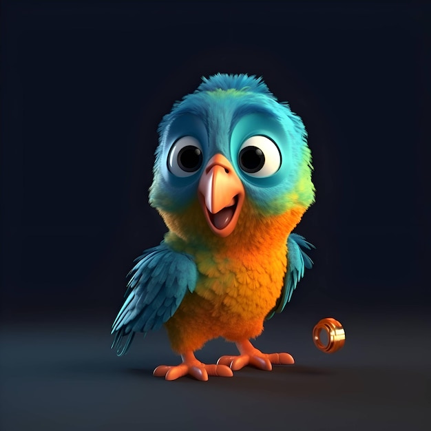 Cartoon papegaai met halters op donkere achtergrond 3D illustratie
