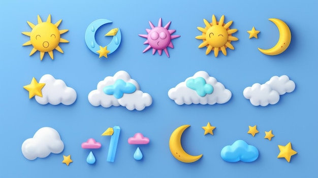 Иконы погоды на голубом фоне современная иллюстрация Солнце в облаках дождь капли молнии и гром полумесяц с звездами