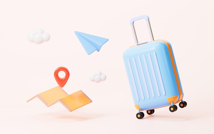 Photo cartoon paper plane and luggage tourism theme 3d rendering