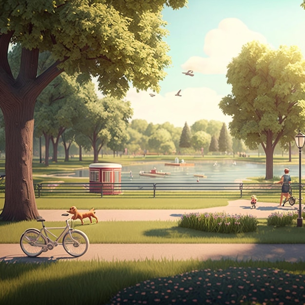 A cartoon of a park with a dog on the back of it