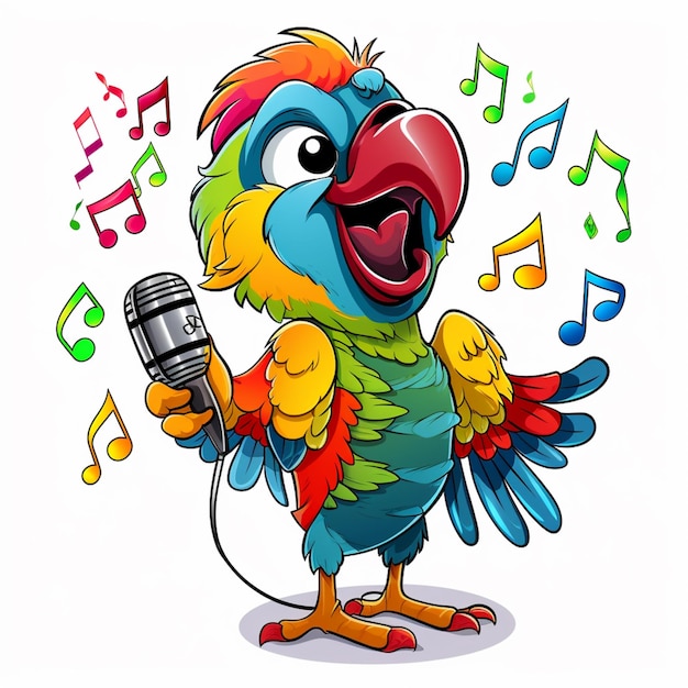 Photo cartoon parrot singing into a microphone with musical notes around him generative ai