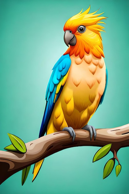 A cartoon parrot sits on a branch with green leaves.