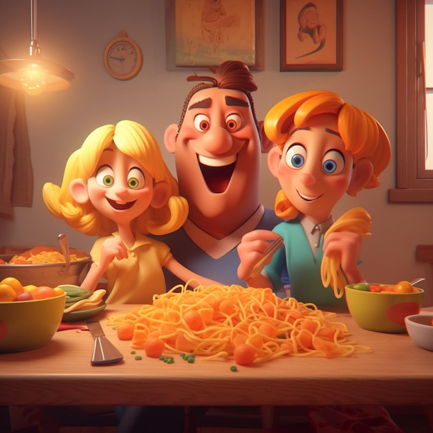 cartoon pasta family dinner lively scene