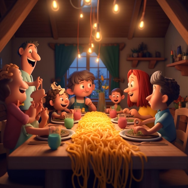 cartoon pasta family dinner lively scene