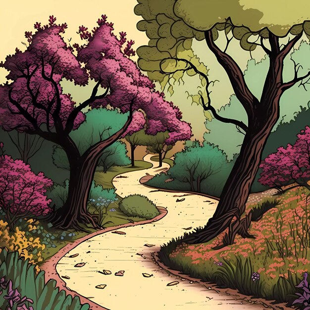 A cartoon of a path with a tree in the middle