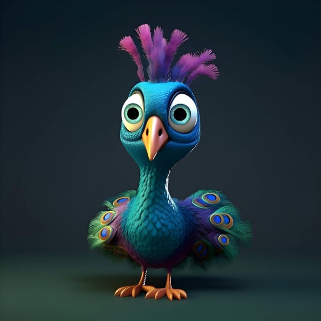 Premium AI Image | Cartoon peacock on a dark background 3D Illustration