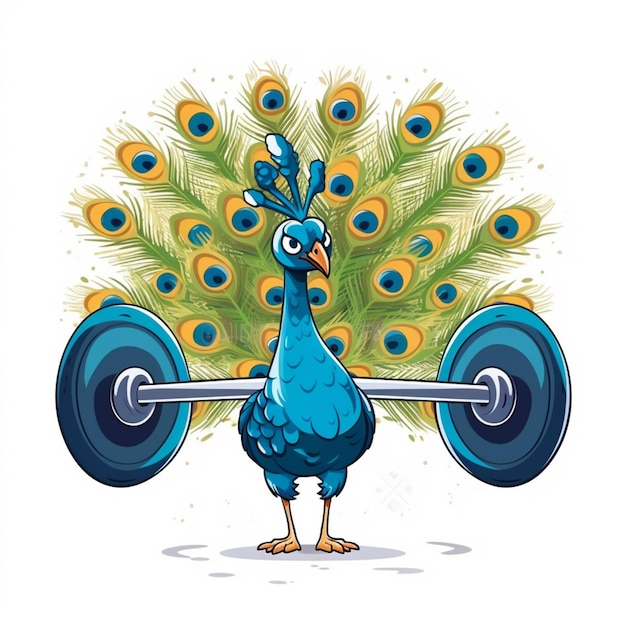 Photo a cartoon peacock lifting a barbell with a peacocks tail generative ai