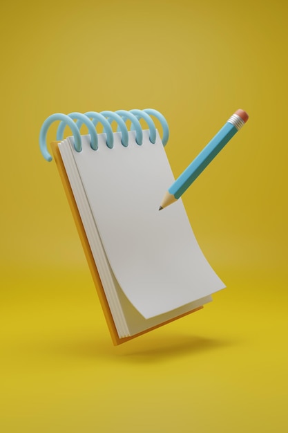 Cartoon pencil writing on a blank notepad isolated on yellow background 3d illustration