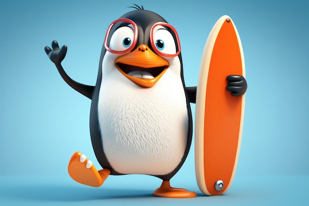 Foto il pinguino dei cartoni animati che tiene in mano una tavola da surf è un'adorabile intelligenza artificiale generativa