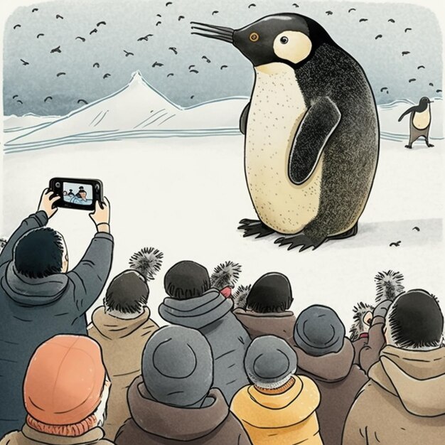 Cartoon of a penguin taking a picture of a crowd of people generative ai