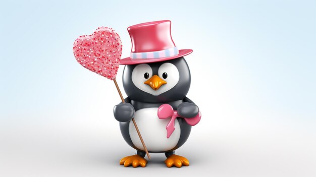 Photo cartoon penguin wearing hat and scarf holds a lollipop