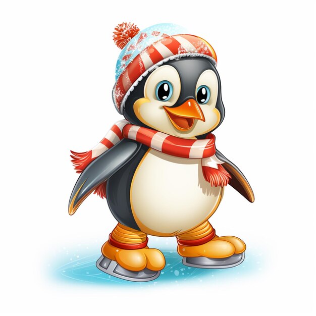 cartoon penguin wearing a hat and scarf on a skateboard generative ai