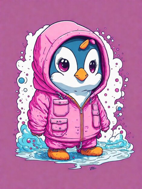 a cartoon of a penguin wearing a jacket with a hoodie and a pink hoodie.