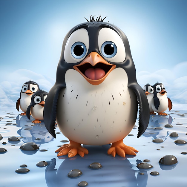 Cartoon penguin with friends on the rocks 3D illustration