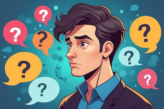 Cartoon Pensive Man Solving Problems and Pondering Solutions Vector Illustration