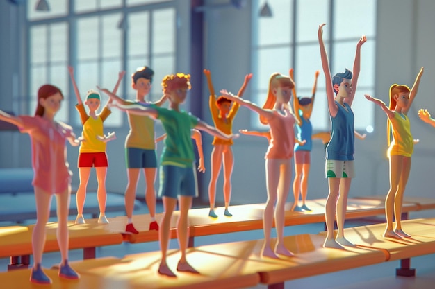 Cartoon people at a balance beam class