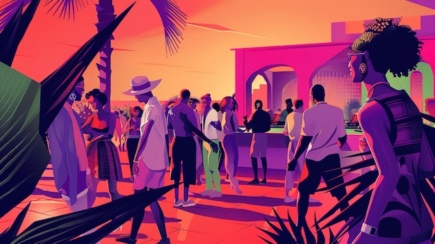 Photo a cartoon of people in a colorful room with a palm tree on the top