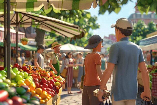 Photo cartoon people at a farmers market