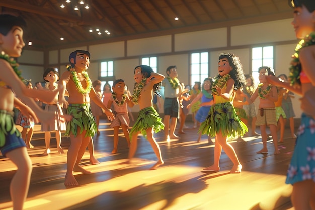 Cartoon people at a Hawaiian hula dancing class oc