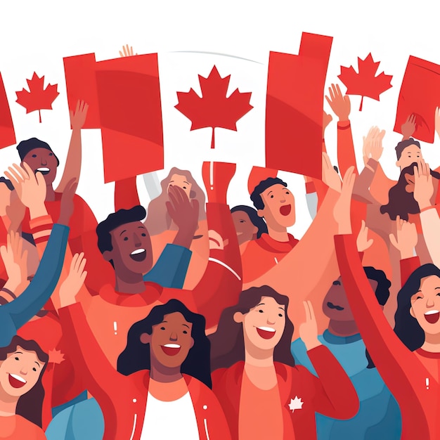 A cartoon of people holding a canadian flag