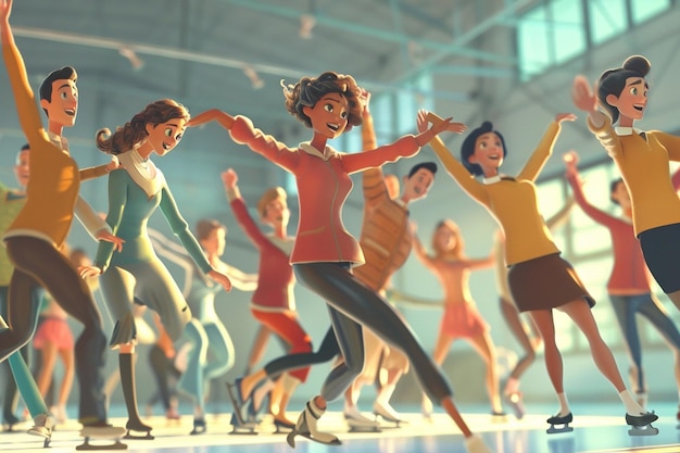 Cartoon people at an ice dancing class