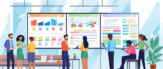 a cartoon of people in a meeting room with a map of the business