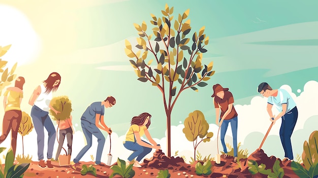 a cartoon of people planting trees in a garden