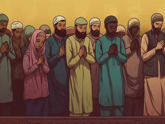 A cartoon of people praying in a church