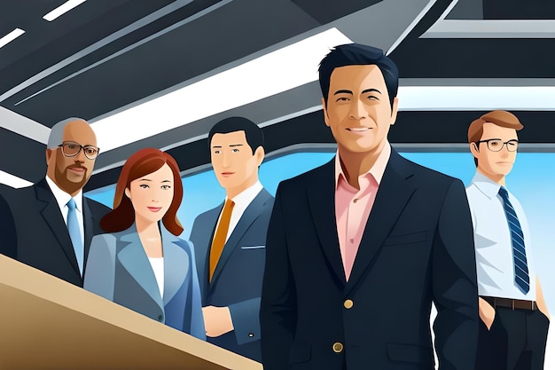 A cartoon of people in a room with a man in a suit and a woman in a pink shirt.