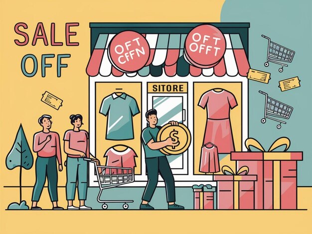 A cartoon of people shopping in a store with a sign that says  free