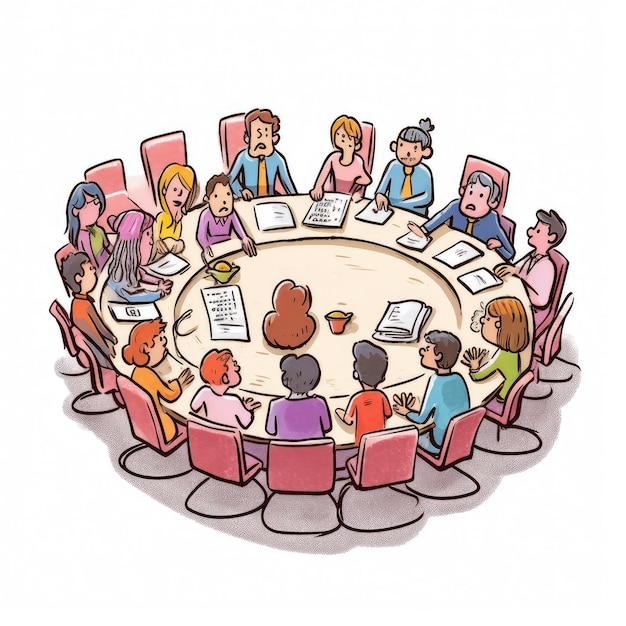 A cartoon of people sitting around a round table with papers on it.