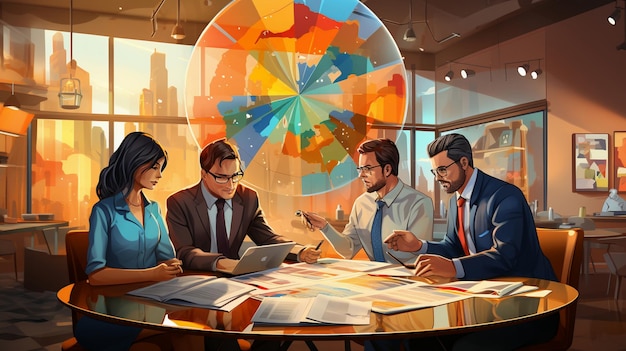 A cartoon of people sitting around a round table with papers on it