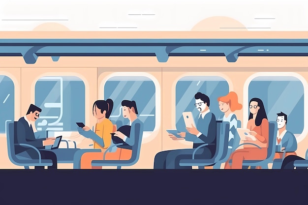 A cartoon of people on a train with the word train on the front