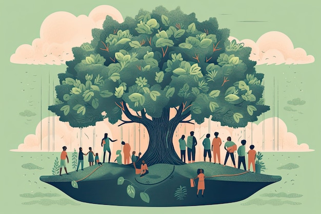 A cartoon of people under a tree