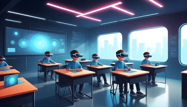 Photo a cartoon of people using virtual reality glasses