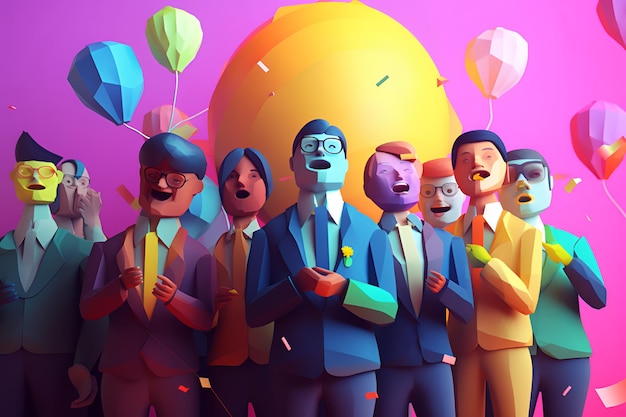 Мультфильм людей с воздушными шарами перед ними.
