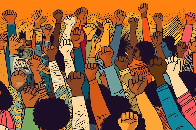 A cartoon of people with their hands up in the air