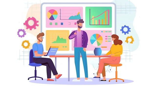 a cartoon of people working at a computer with a chart showing graphs and charts