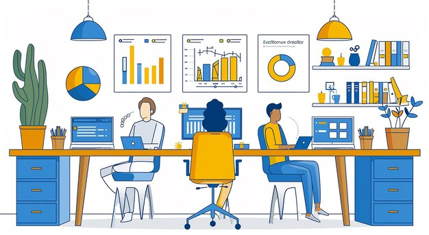 a cartoon of people working in a meeting room with a chart that saysbusinesson it