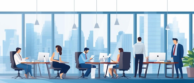 a cartoon of people working in a office with a cityscape in the background