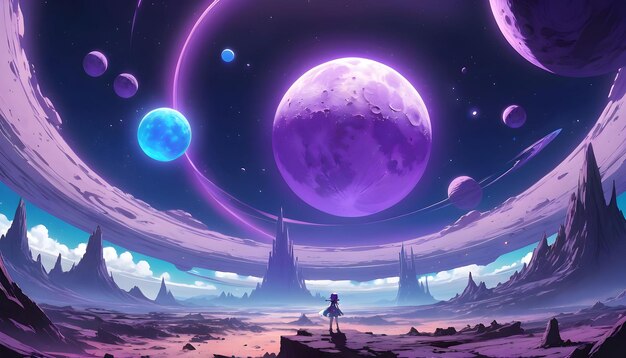 Photo a cartoon of a person looking at a purple planet