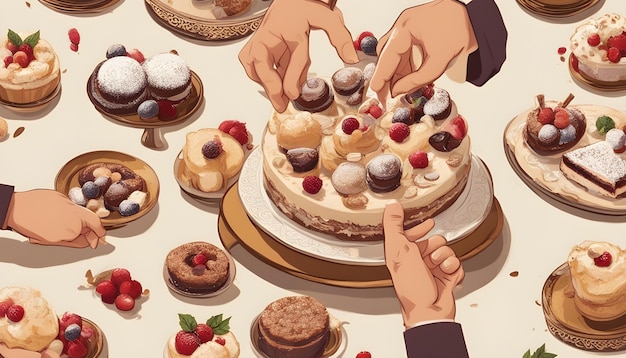 Photo a cartoon of a person reaching for a cake with a person reaching for the top