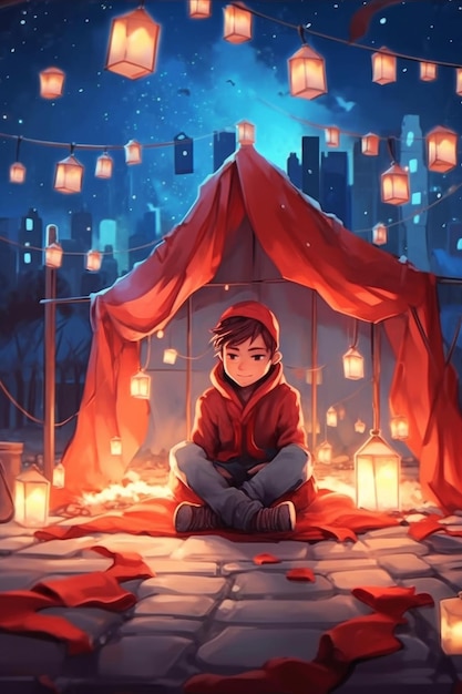 A cartoon person sits around a red tent