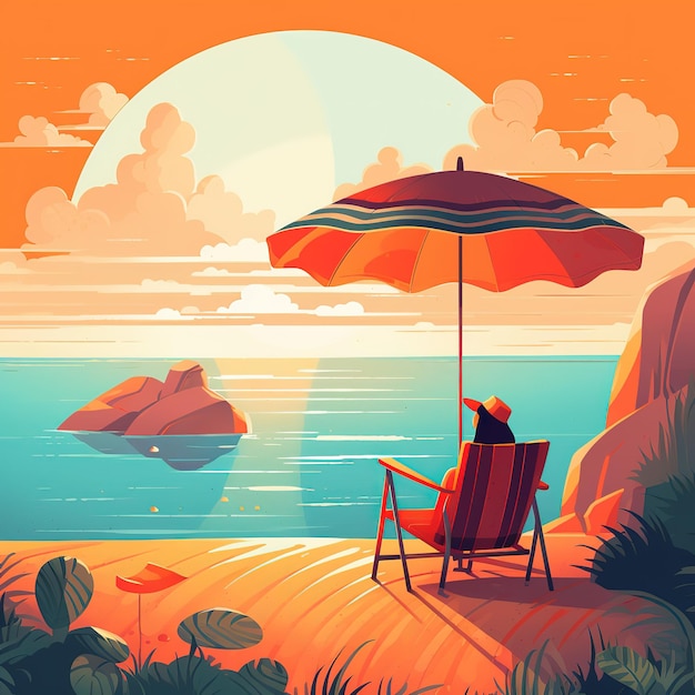 A cartoon of a person sitting on a chair on the beach with an umbrella.