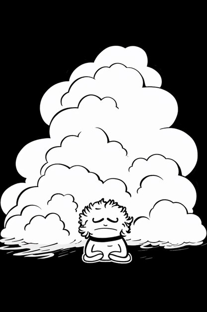 Photo cartoon of a person sitting in front of a cloud with a dog generative ai